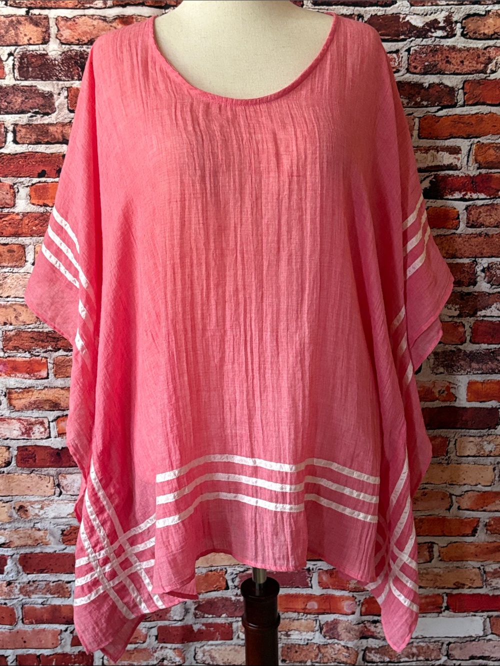 Chic Soul 100% Cotton Pink Gauzy Poncho Tunic with White Stripe Detail Size 1X